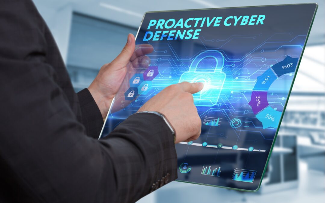 A person in a suit interacts with a futuristic digital screen displaying "Proactive Cyber Defense."